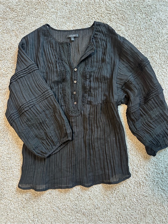 Rafaella Tops - Rafaella Black Crinkle Peasant Blouse